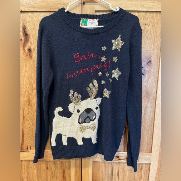 Bah Humpug Christmas Pug Sweater Navy Blue w/ Gold Sequin Stars & Antlers Medium - Picture 1 of 6